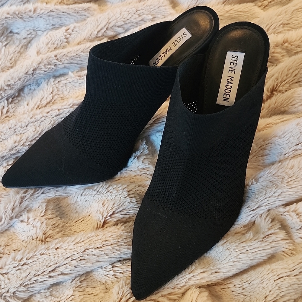 Steve Madden Black Mesh Mules, 4.5" Heels, Size 10